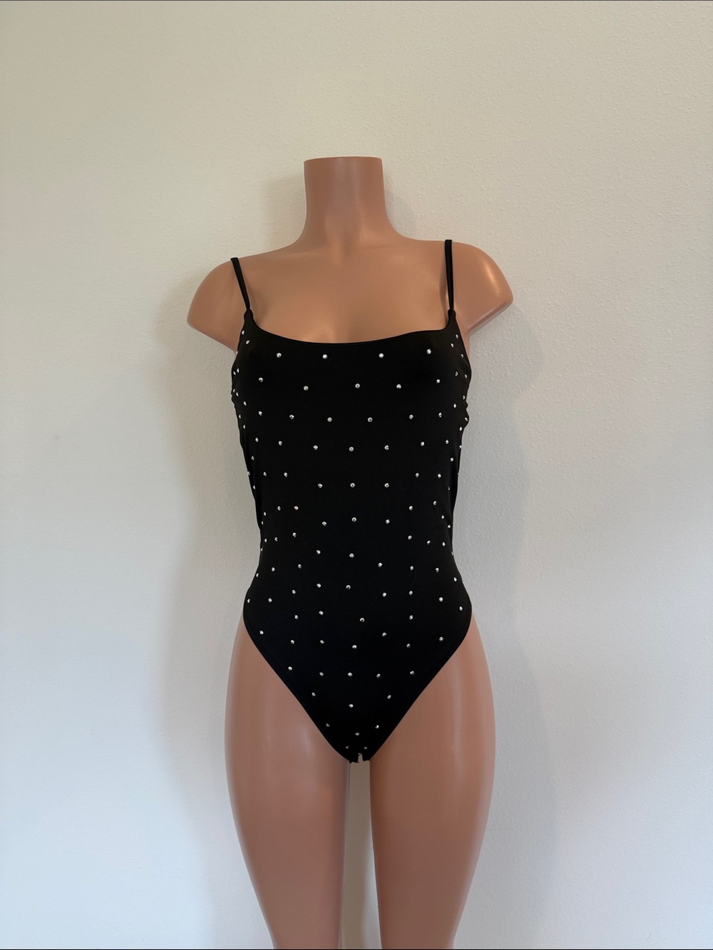 Black Polka Dot crystals size medium Spaghetti Strap Bodysuit